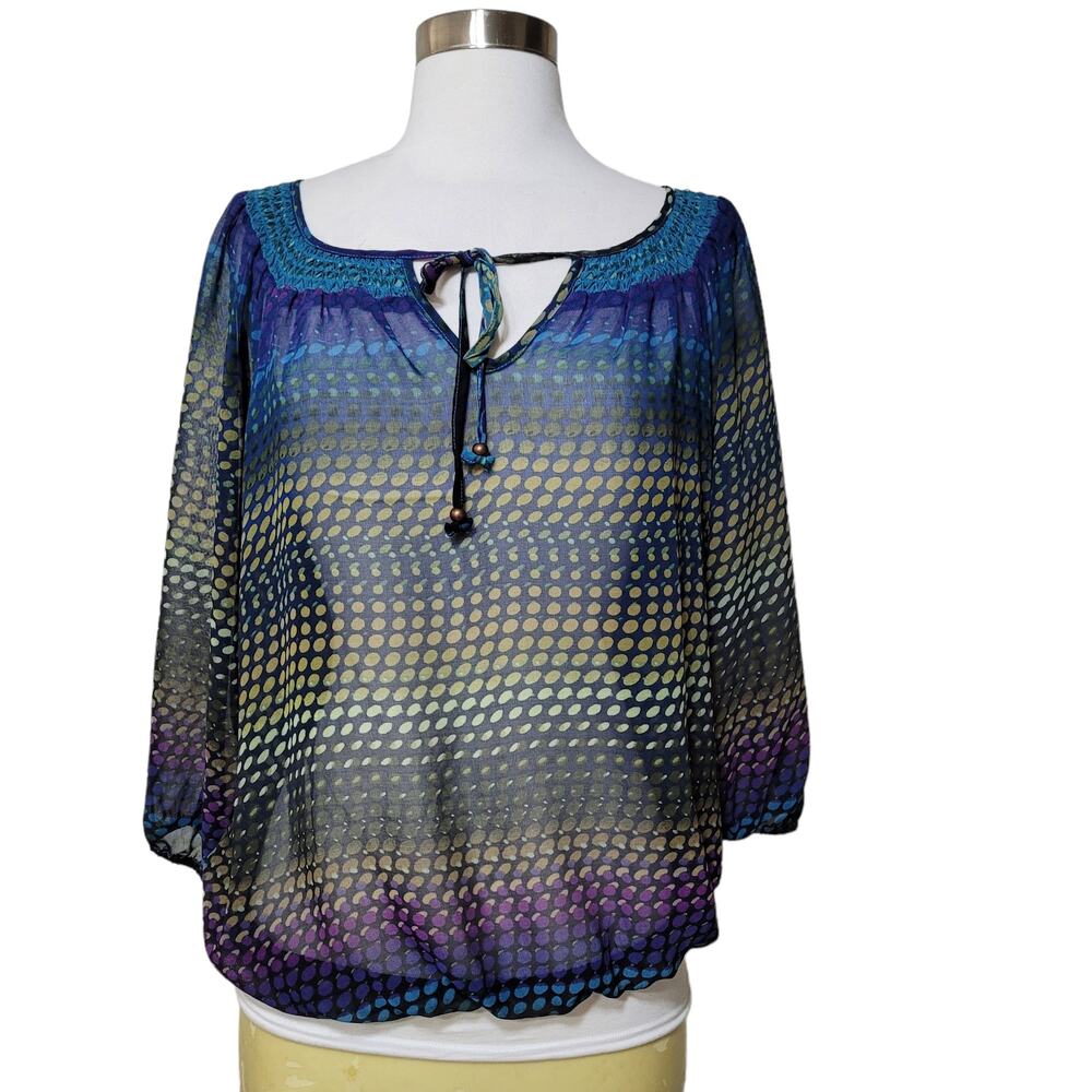 Ellen Tracy Womens Multicolor Polka Dot Peasant Blouse Keyhole Tie Neckline Sz L